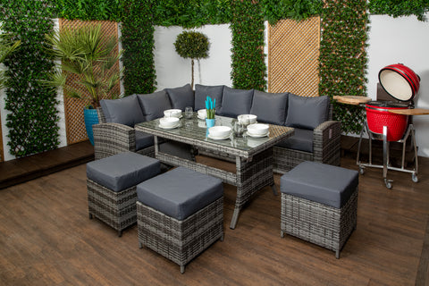 Palma Grey Rattan Casual Dining Sofa Set - High Backed with Dining Table, Three Stools & Cushions Included