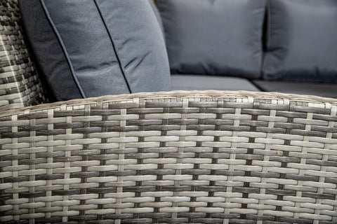 Palma Grey Rattan Casual Dining Sofa Set - High Backed with Dining Table, Three Stools & Cushions Included