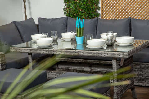 Palma Grey Rattan Casual Dining Sofa Set - High Backed with Dining Table, Three Stools & Cushions Included