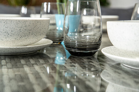 Palma Grey Rattan Casual Dining Sofa Set - High Backed with Dining Table, Three Stools & Cushions Included