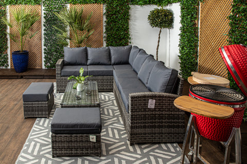 Sicilia - Luxury Grey & Anthracite - High Back Corner Sofa Set with Glass Topped Coffee Table, Two Stools & Cushions