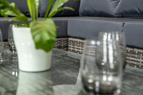 Sicilia - Luxury Grey & Anthracite - High Back Corner Sofa Set with Glass Topped Coffee Table, Two Stools & Cushions
