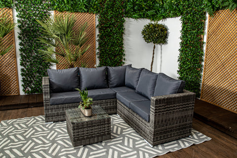 Mykonos - Luxury Grey & Anthracite Compact Corner Sofa Set with Glass Topped Coffee Table & Cushions Included