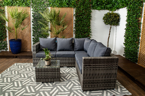 Mykonos - Luxury Grey & Anthracite Compact Corner Sofa Set with Glass Topped Coffee Table & Cushions Included