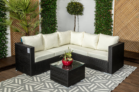Mykonos - Black & Cream - Compact Corner Sofa Set in classic Black Rattan with Glass topped Coffee Table & Cream Cushions