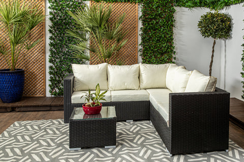 Mykonos - Black & Cream - Compact Corner Sofa Set in classic Black Rattan with Glass topped Coffee Table & Cream Cushions