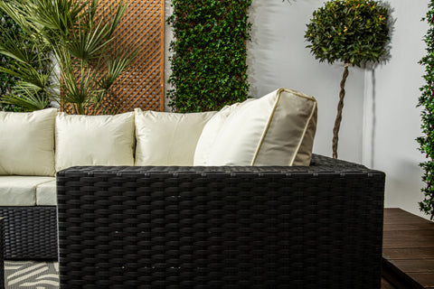 Mykonos - Black & Cream - Compact Corner Sofa Set in classic Black Rattan with Glass topped Coffee Table & Cream Cushions