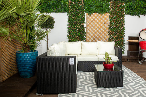 Mykonos - Black & Cream - Compact Corner Sofa Set in classic Black Rattan with Glass topped Coffee Table & Cream Cushions