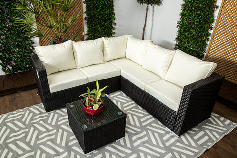 Mykonos - Black & Cream - Compact Corner Sofa Set in classic Black Rattan with Glass topped Coffee Table & Cream Cushions