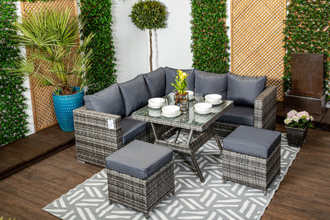 Ibiza - Compact Grey Rattan Corner Sofa Set with Glass Topped Dining Table, Two Stools & Anthracite Cushions