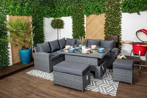 Tuscany - Grey Rattan Casual Dining Sofa Set - High Backed with Rising Dining Table, Bench, Stool & Cushions
