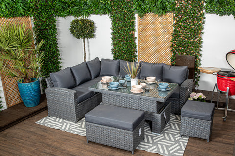 Tuscany - Grey Rattan Casual Dining Sofa Set - High Backed with Rising Dining Table, Bench, Stool & Cushions