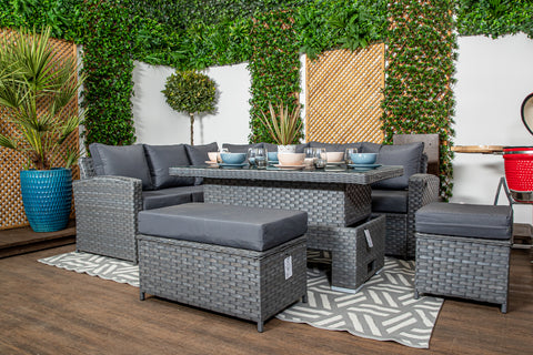 Tuscany - Grey Rattan Casual Dining Sofa Set - High Backed with Rising Dining Table, Bench, Stool & Cushions