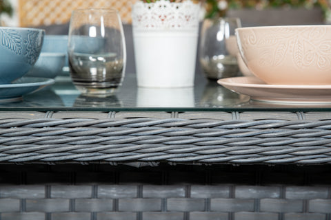 Tuscany - Grey Rattan Casual Dining Sofa Set - High Backed with Rising Dining Table, Bench, Stool & Cushions