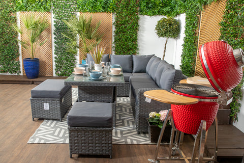 Tuscany - Grey Rattan Casual Dining Sofa Set - High Backed with Rising Dining Table, Bench, Stool & Cushions
