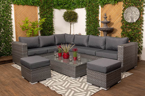 Marseille - Large Grey Rattan 9 seater Corner Sofa Set with Glass Topped Coffee Table, Cushions & Stools