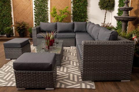 Marseille - Large Grey Rattan 9 seater Corner Sofa Set with Glass Topped Coffee Table, Cushions & Stools