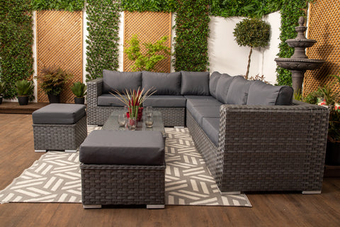 Marseille - Large Grey Rattan 9 seater Corner Sofa Set with Glass Topped Coffee Table, Cushions & Stools